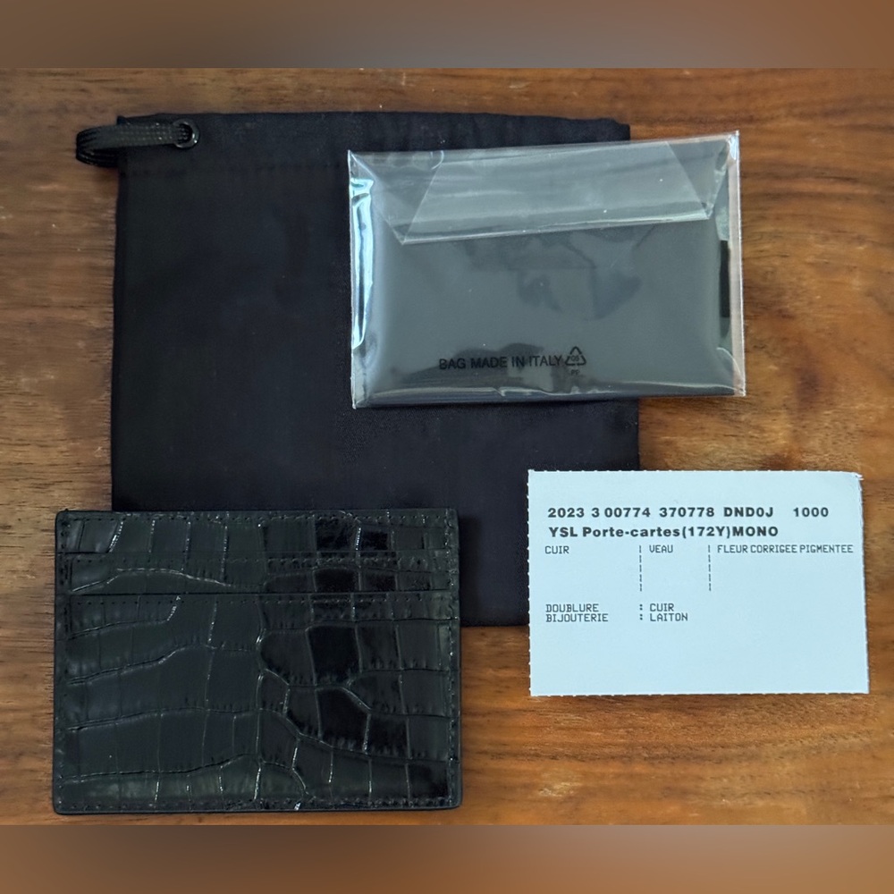 Saint Laurent Black Croc Card Holder with Gold Logo - Picture 2 of 5